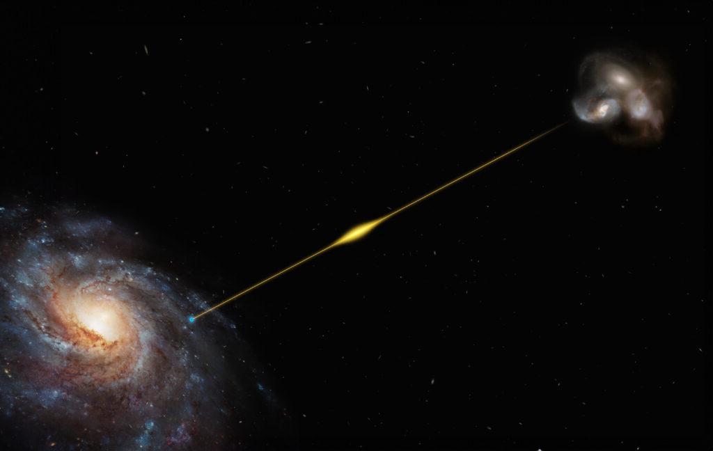 This artist’s impression (not to scale) illustrates the path of the fast radio burst FRB 20220610A, from the distant galaxy where it originated all the way to Earth, 在银河系的旋臂中. FRB 20220610A的源星系, 多亏了ESO的甚大望远镜, appears to be located within a small group of interacting galaxies. It’s so far away its light took eight billion years to reach us, making FRB 20220610A the most distant fast radio burst found to date.